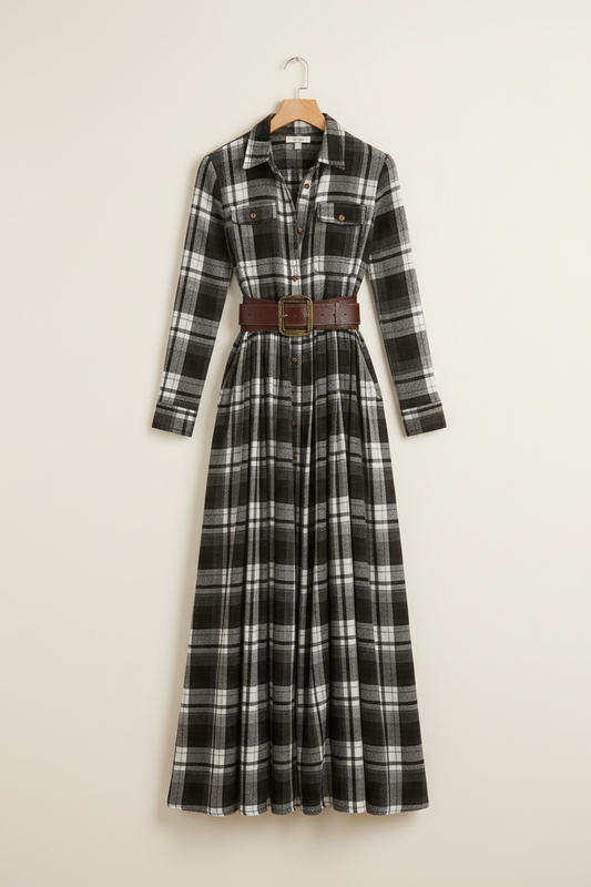 Plaid Long Sleeve Shirt Maxi Dress