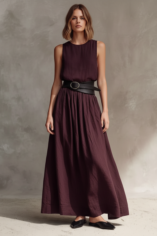 Polished burgundy maxi-dress look without jewelry or a bag