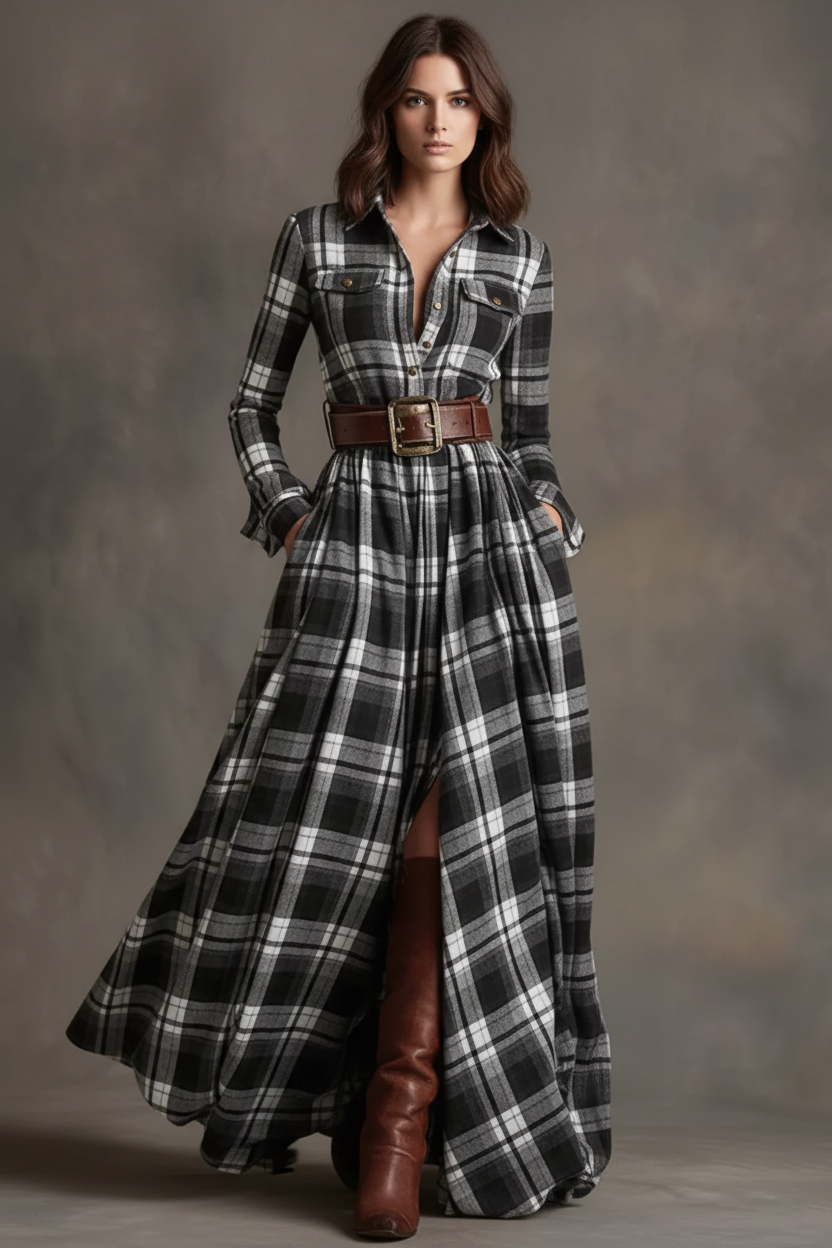 Polished plaid maxi-dress styling with the brown belt and boots