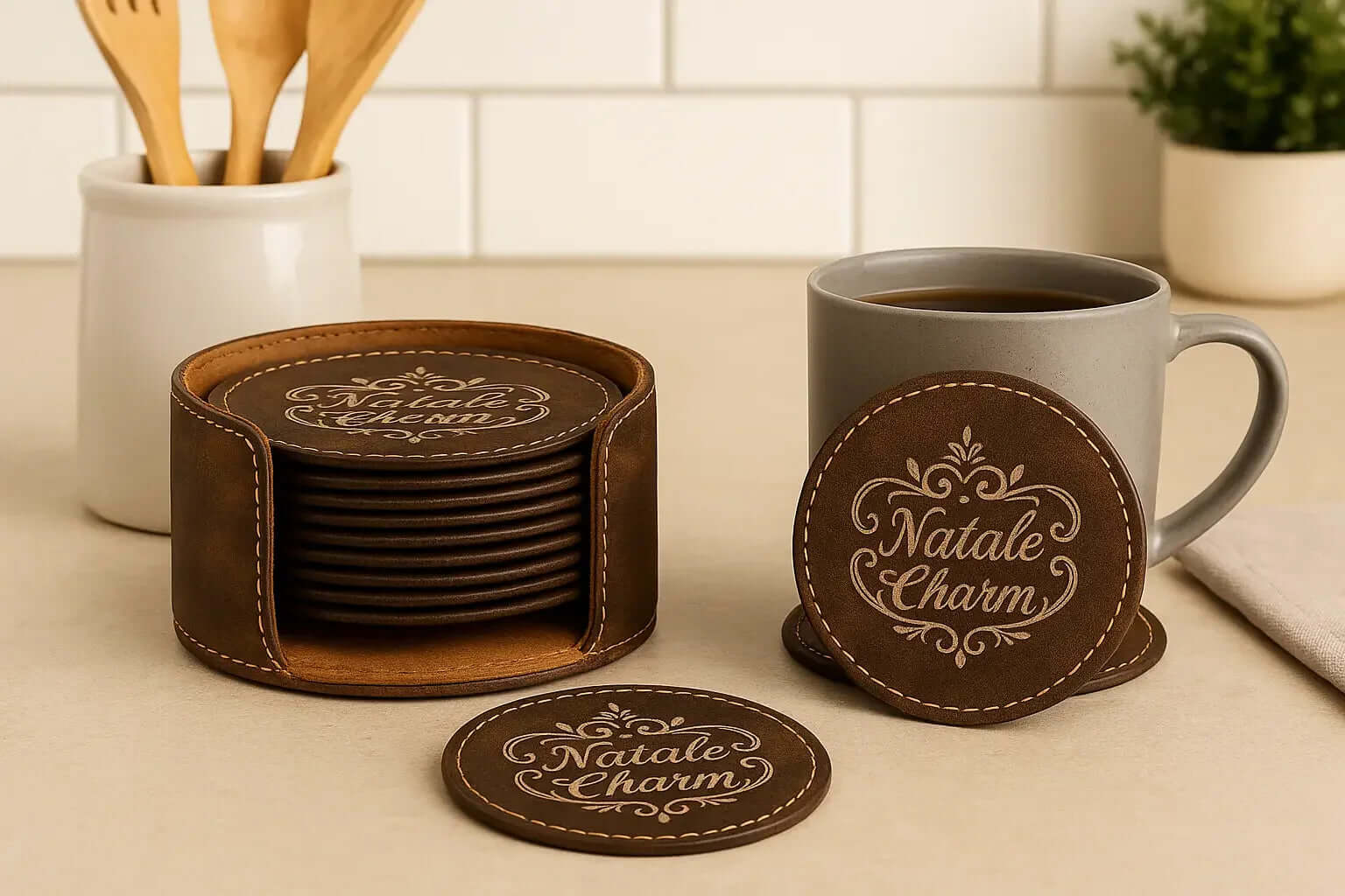 Premium Leather 6-Piece Engraved Leather Coaster Set-2