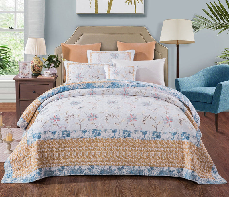 Tache Coastal Cottage Embroidered White Blue Yellow Floral Cotton Patchwork Quilt Set (JHW-668)-0