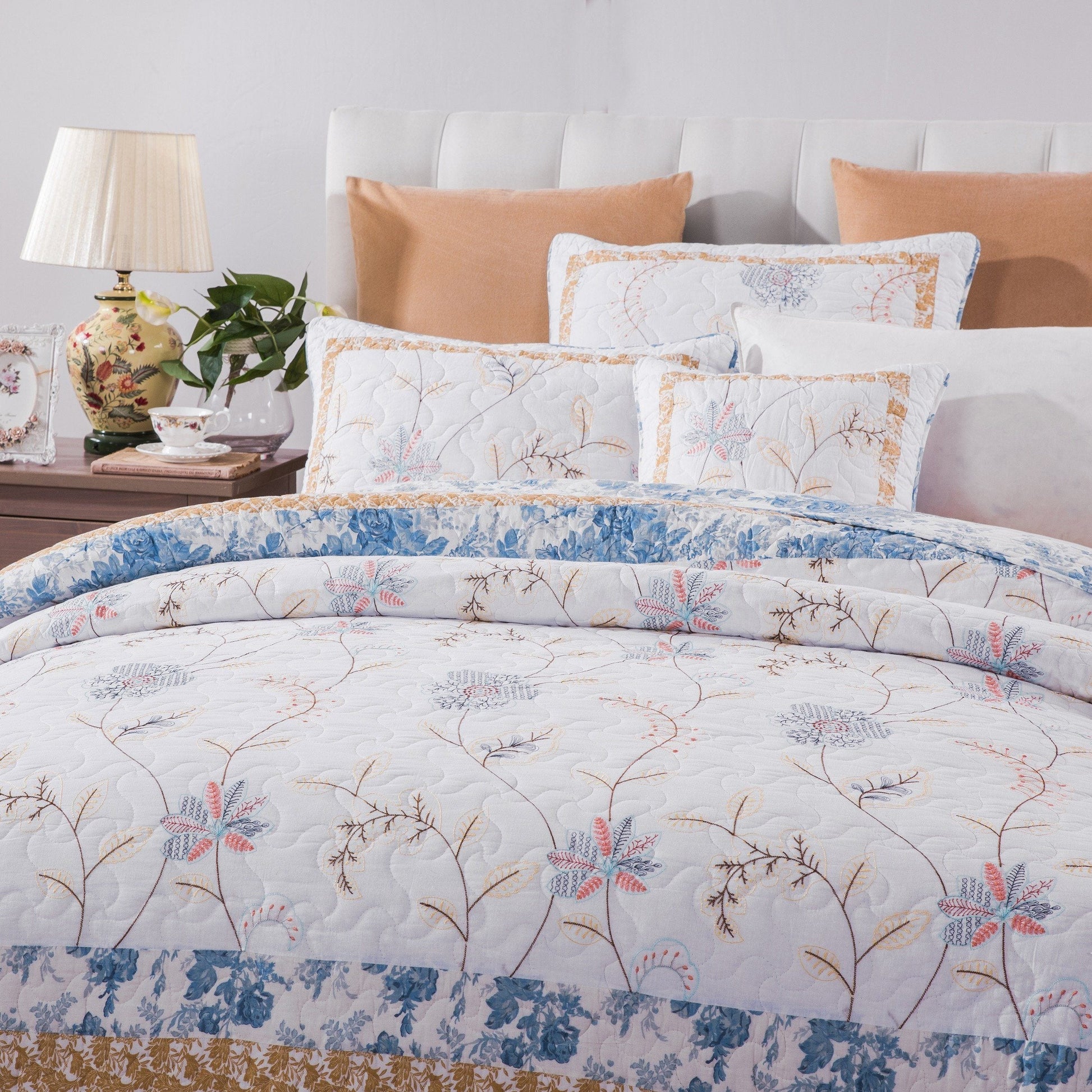 Tache Coastal Cottage Embroidered White Blue Yellow Floral Cotton Patchwork Quilt Set (JHW-668)-1