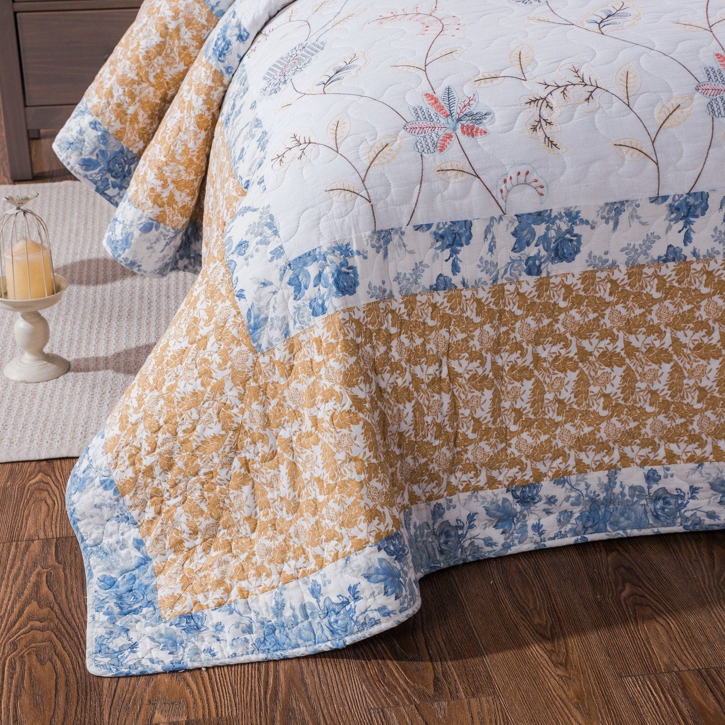 Tache Coastal Cottage Embroidered White Blue Yellow Floral Cotton Patchwork Quilt Set (JHW-668)-2