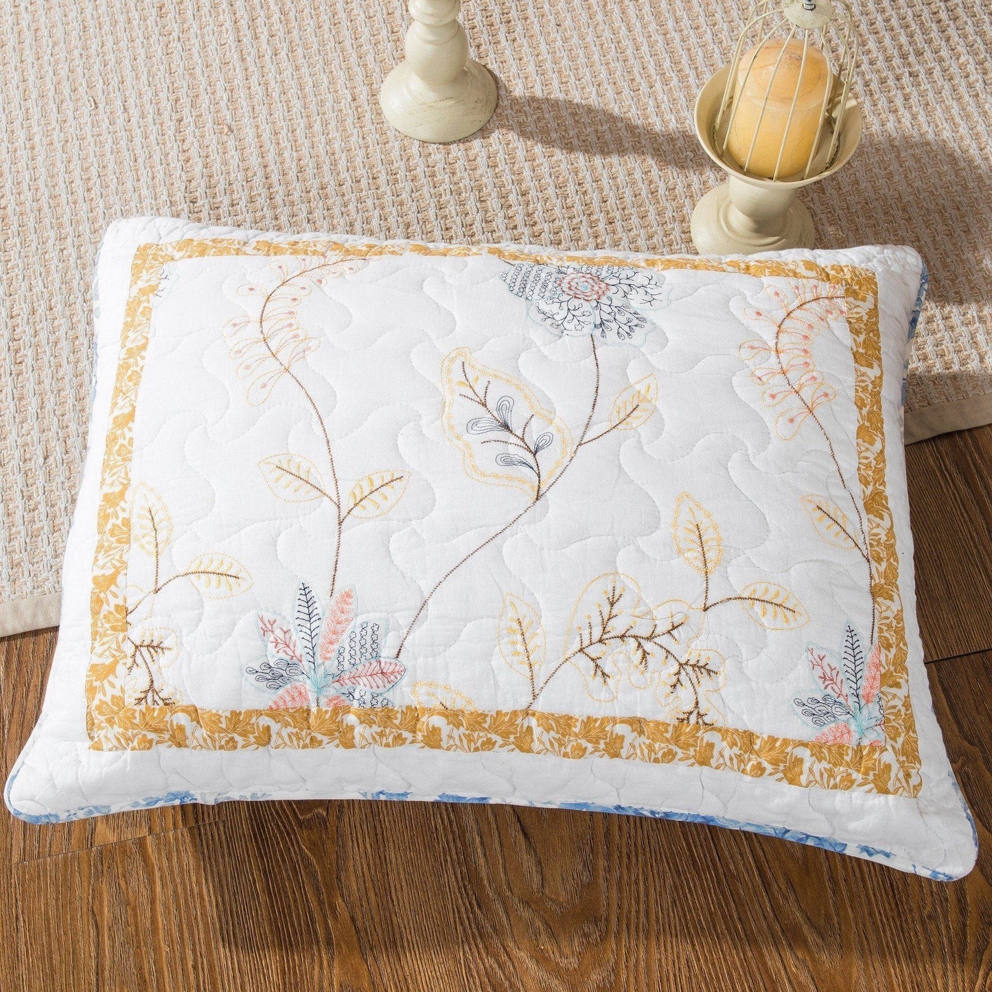 Tache Coastal Cottage Embroidered White Blue Yellow Floral Cotton Patchwork Quilt Set (JHW-668)-3