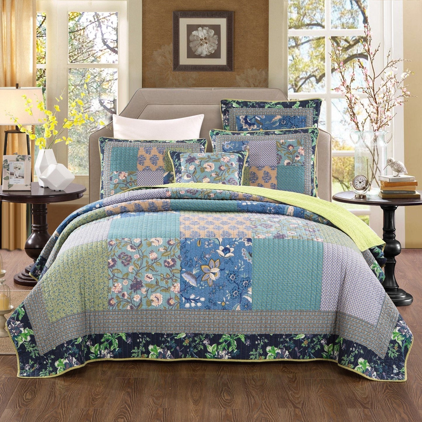 Tache Cotton Bohemian Tropical Calla Lily Quilted Patchwork Bedspread Set (JHW-687)-5