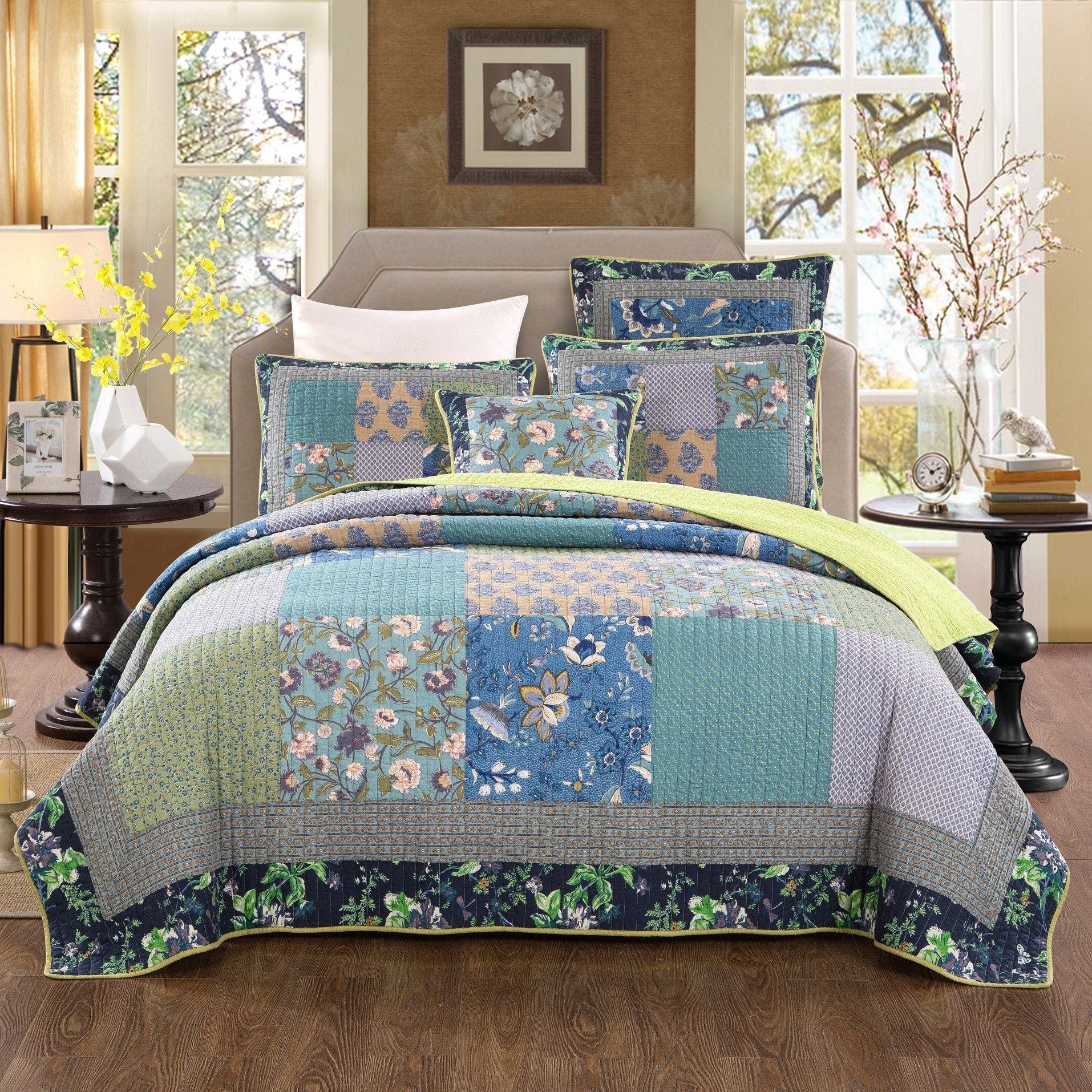 Tache Cotton Bohemian Tropical Calla Lily Quilted Patchwork Bedspread Set (JHW-687)-5