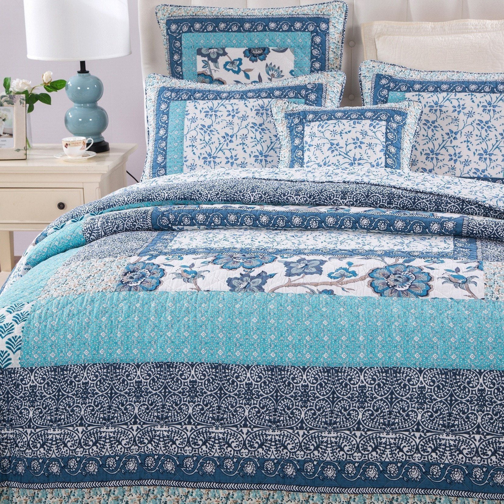 Tache cotton Floral Patchwork Blue Elegance Bedspread Coverlet Quilt Set (JHW-657)-2