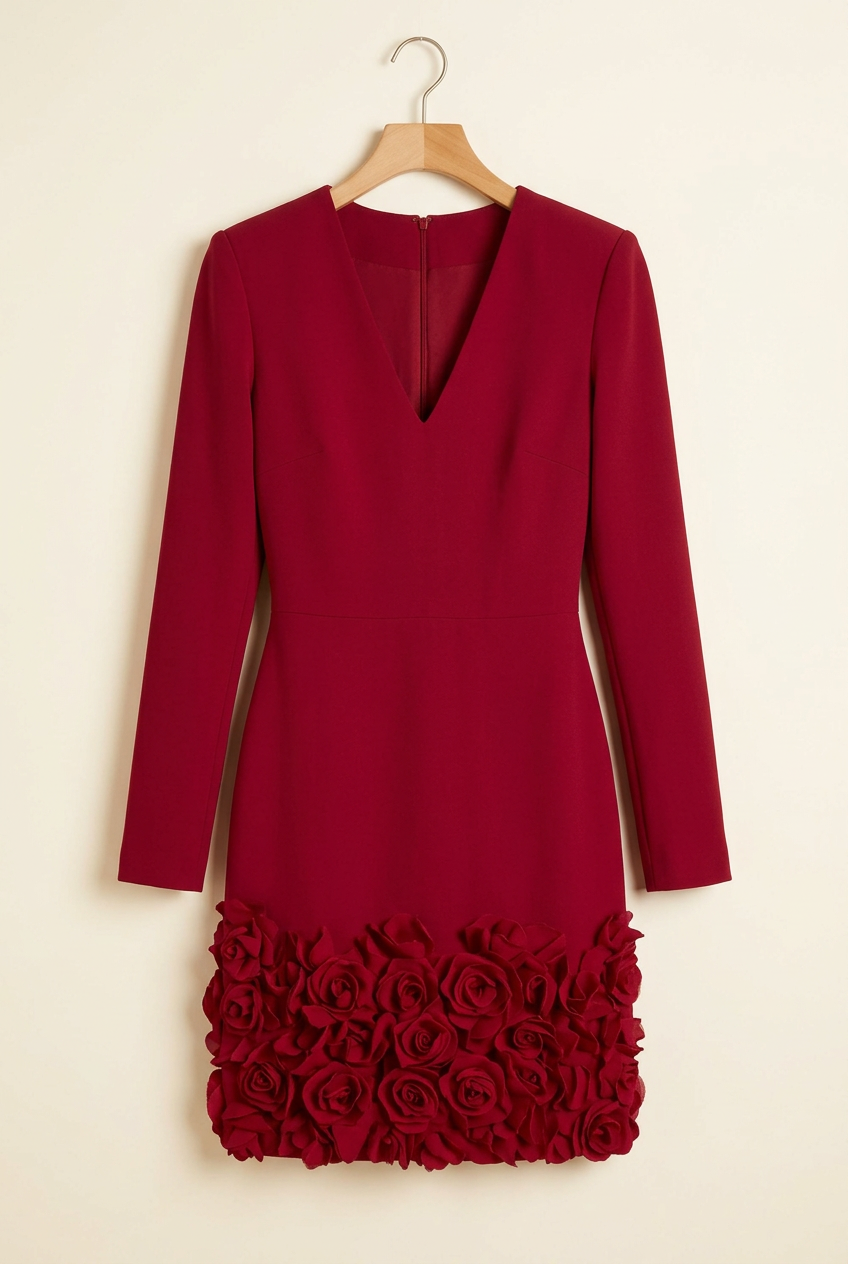 Soirée Rose-Hem Long-Sleeve Dress