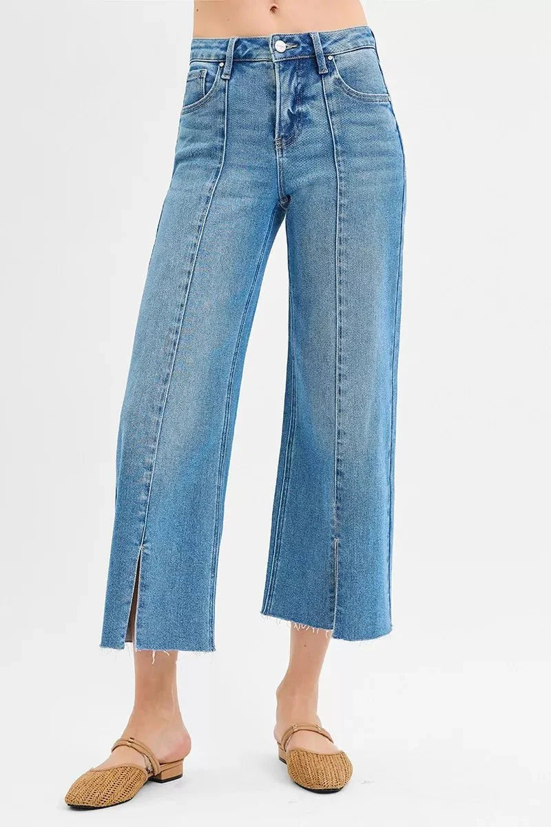 RISEN Slimming Crop Wide Leg Denim with Front Slit