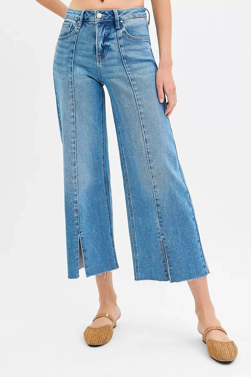 RISEN Slimming Crop Wide Leg Denim with Front Slit