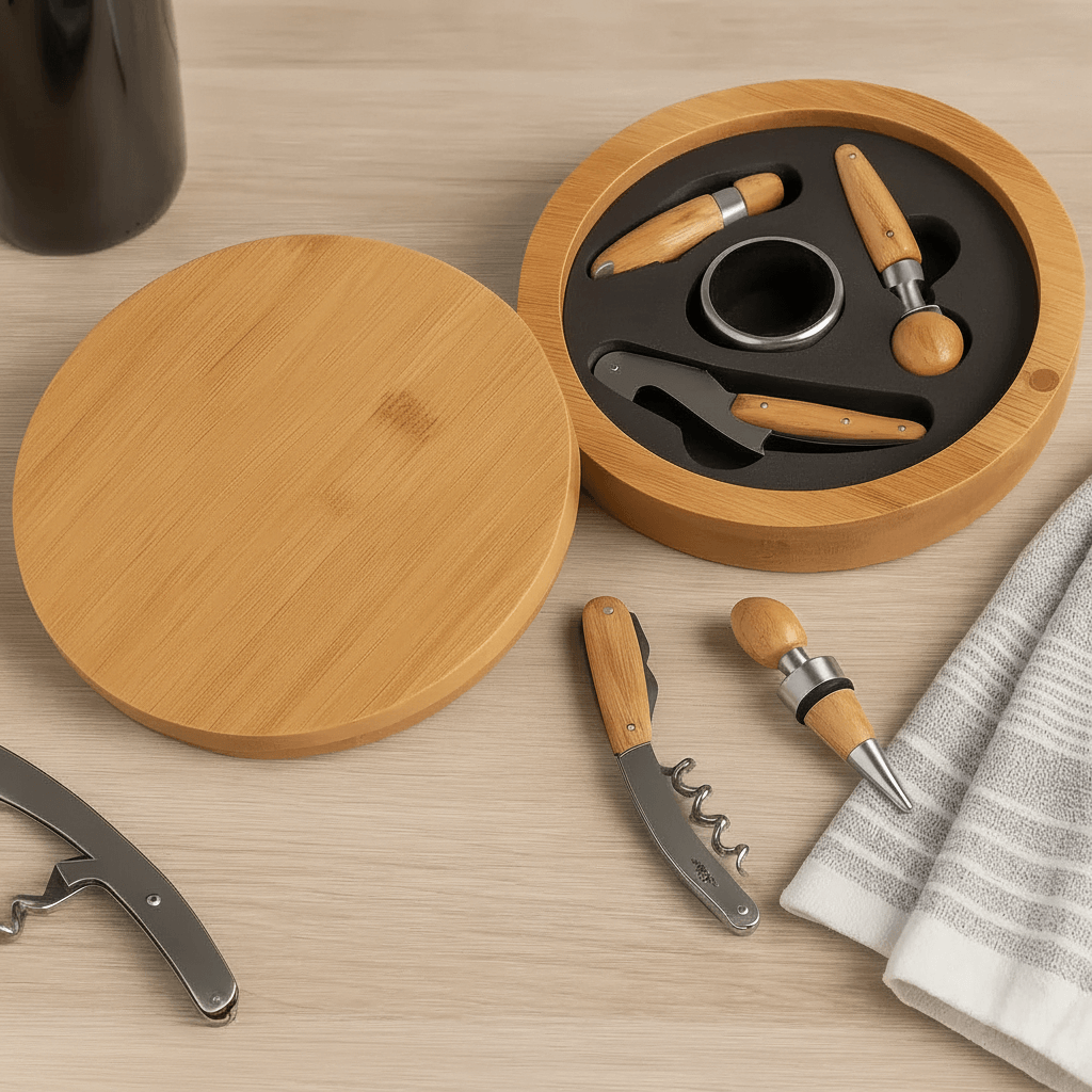 Round Bamboo 4 Piece Wine Tool Set-0