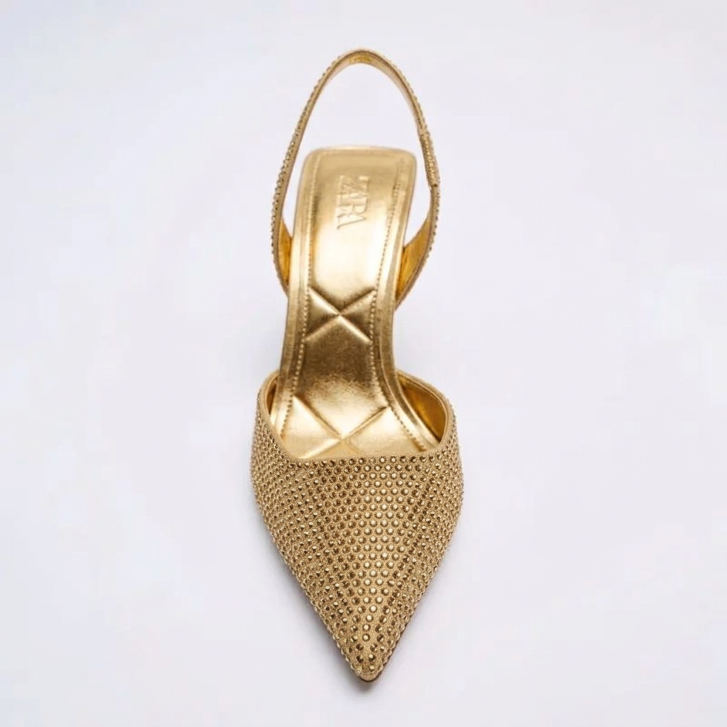Gold Rhinestone Slingback High Heel Pumps