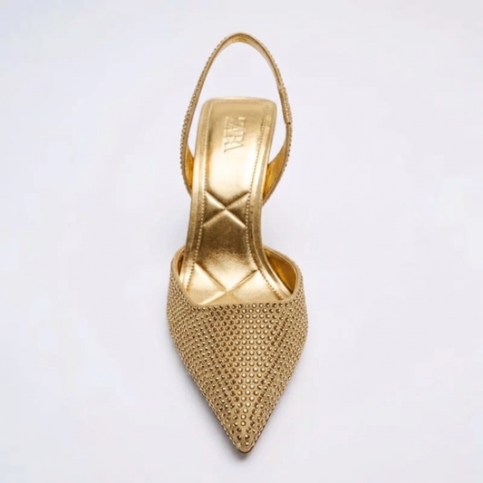 Gold Rhinestone Slingback High Heel Pumps