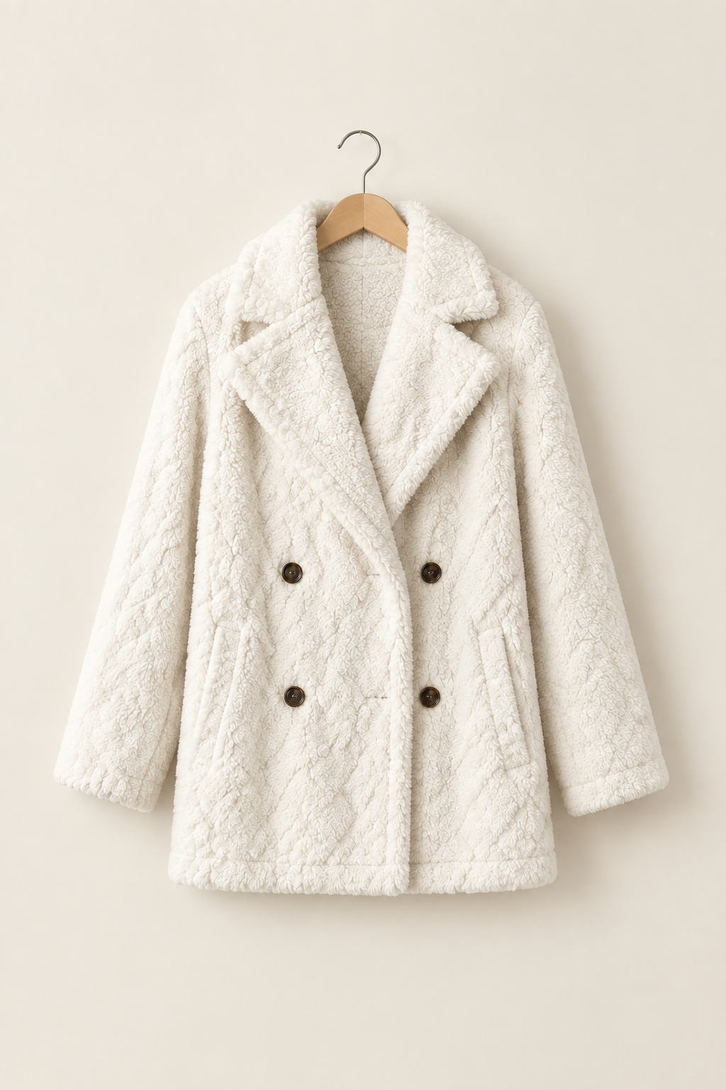 Soft Ivory Double-Breasted Fleece Coat