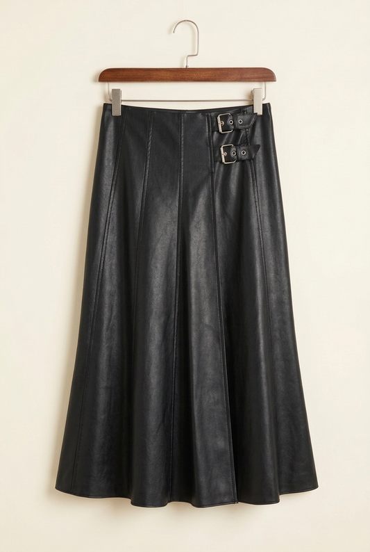 City Edge Double-Buckle Faux Leather Midi Skirt