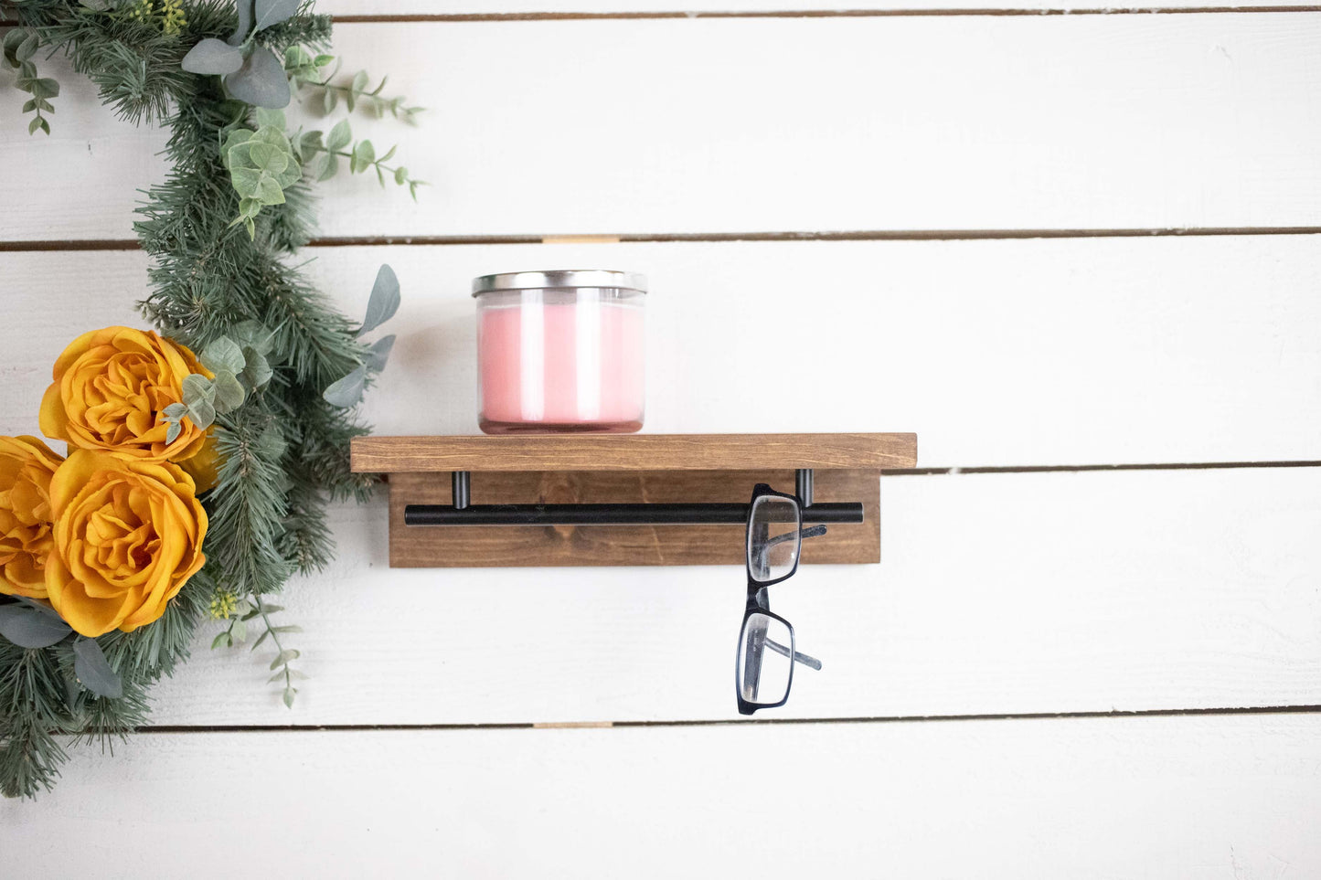 Floating Solid Wood Shelf with Metal Rail, Easy Install Minimalist Shelf with Towel Bar-0