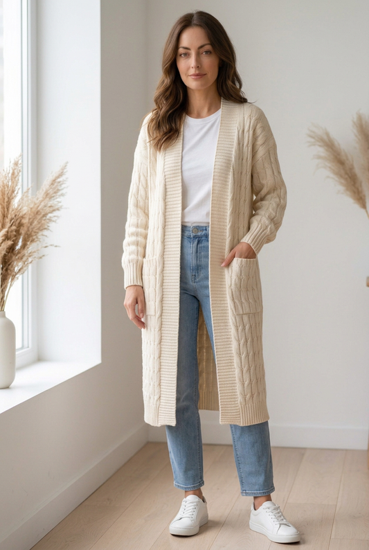 Elacyline Cable-Knit Longline Open-Front Cardigan