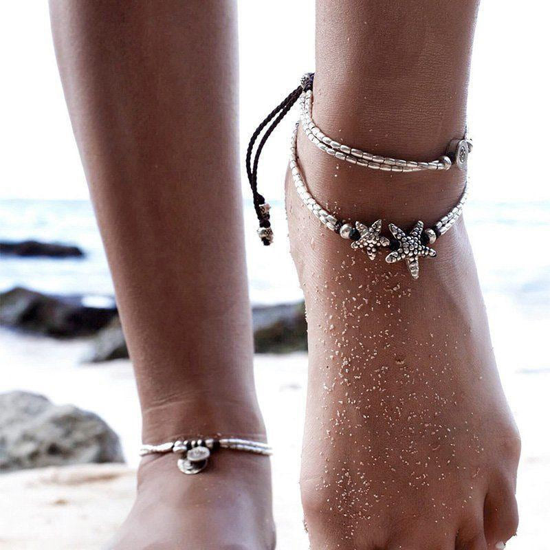 Vintage Double Beaded Starfish Anklet Ankle Bracelet-0