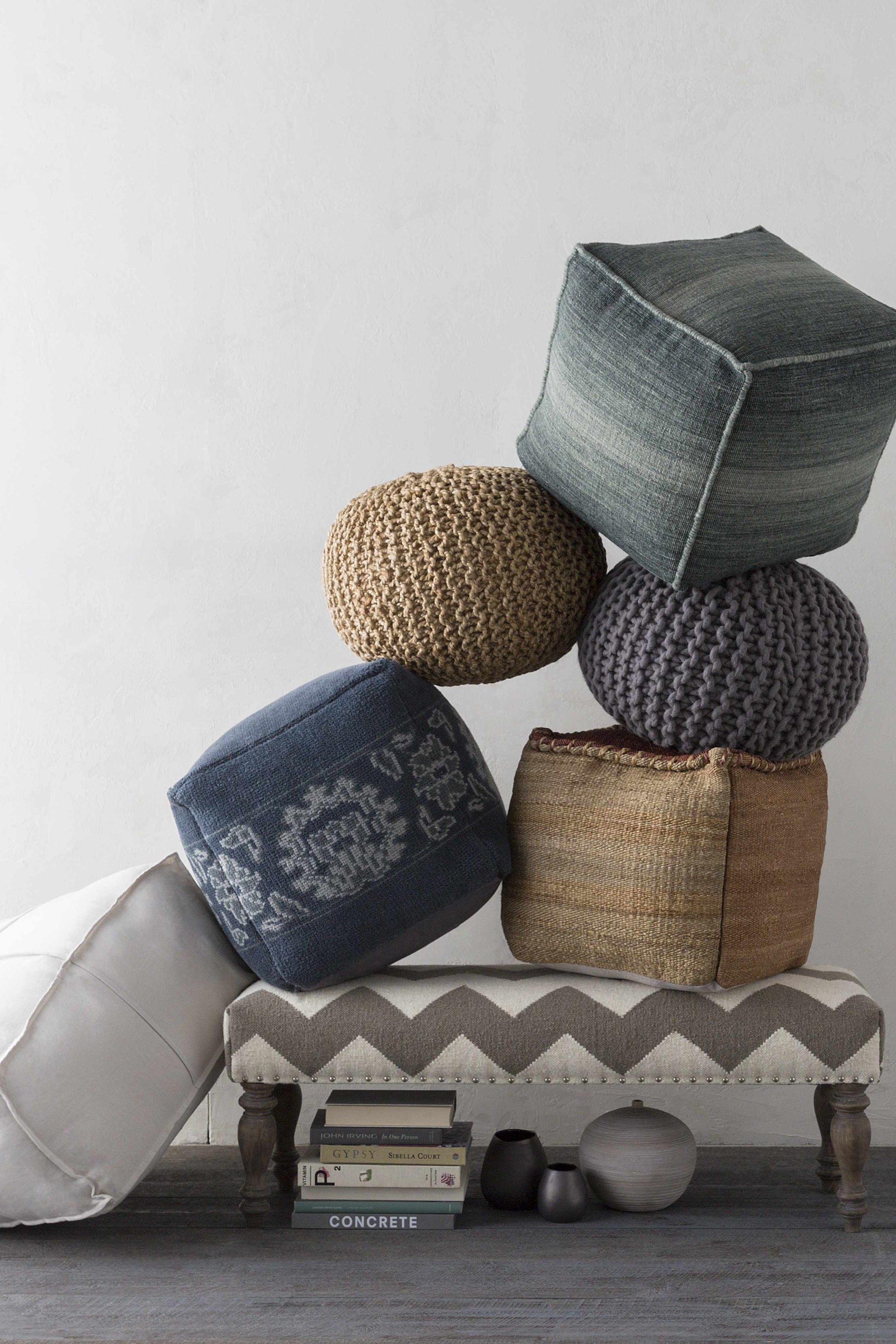 Friendsville Solid & Striped Ivory Pouf-2