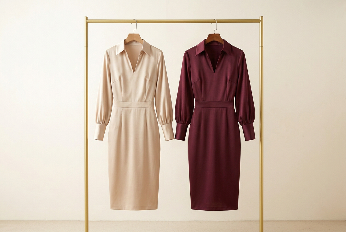 Collared Satin Lantern Sleeve Midi Dress