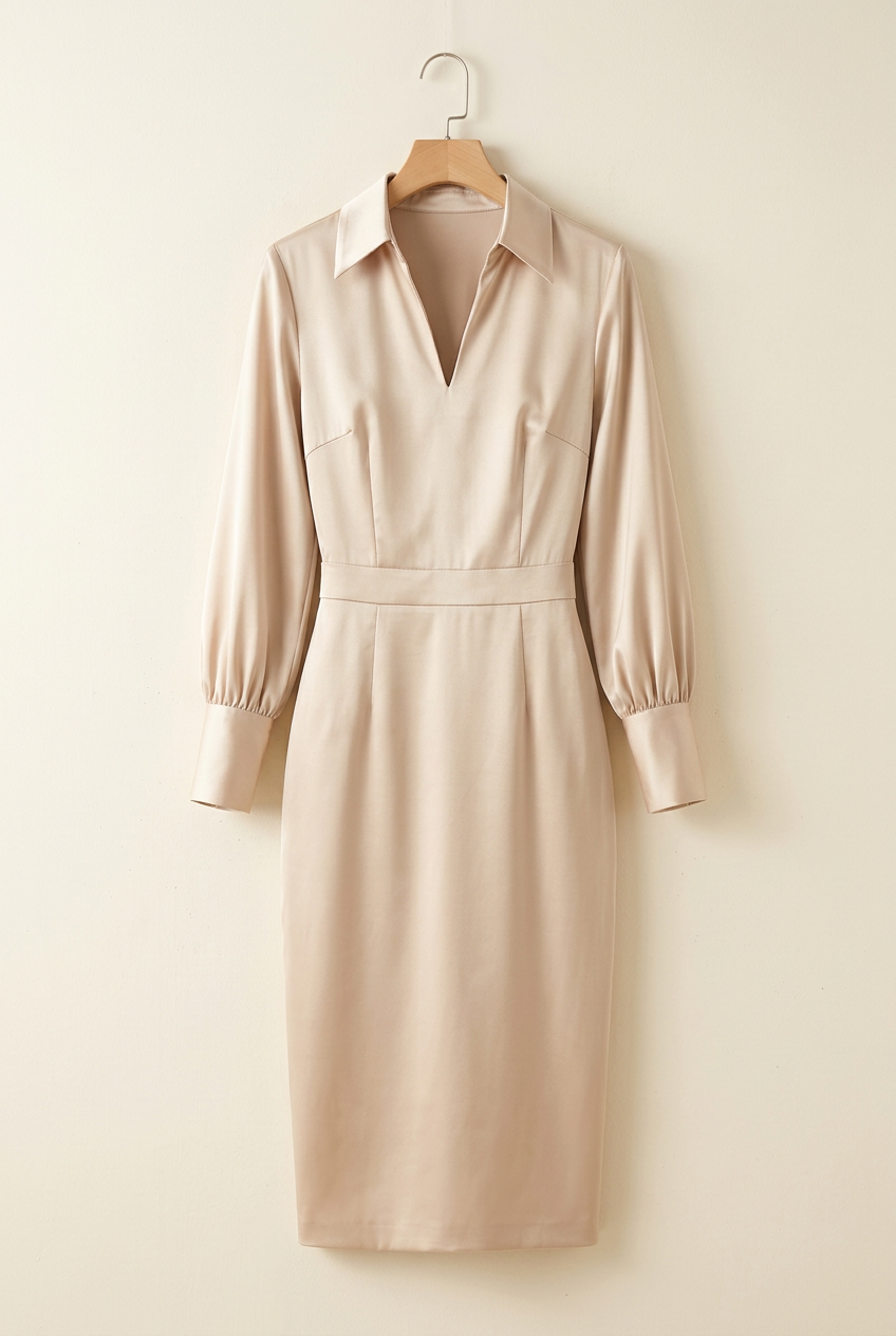 Collared Satin Lantern Sleeve Midi Dress