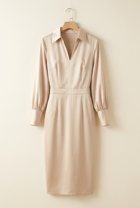 Collared Satin Lantern Sleeve Midi Dress