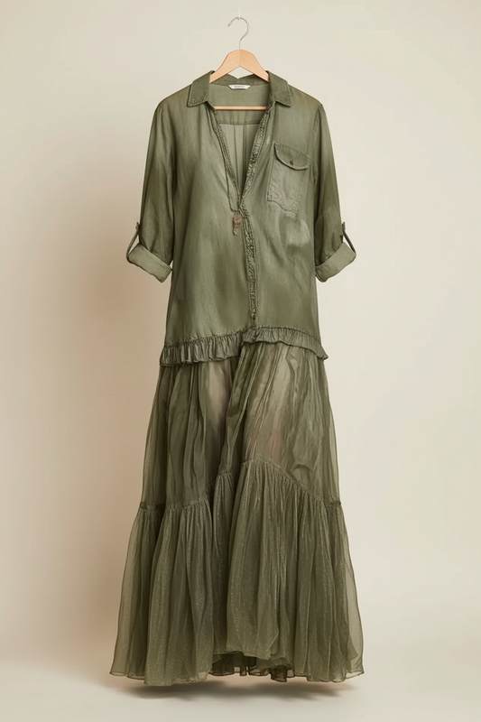 Tiered shirt dress on a wooden hanger