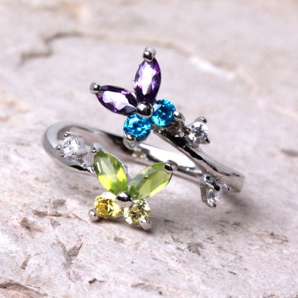 .925 Sterling Silver Multi Color CZ Butterflies Toe Ring-0