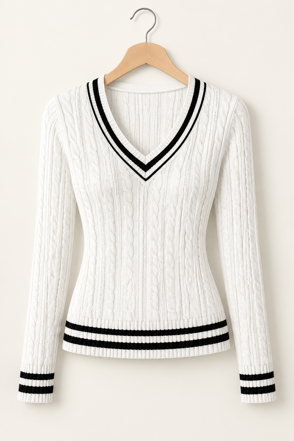 Refined Contrast-Trim Cable-Knit Sweater