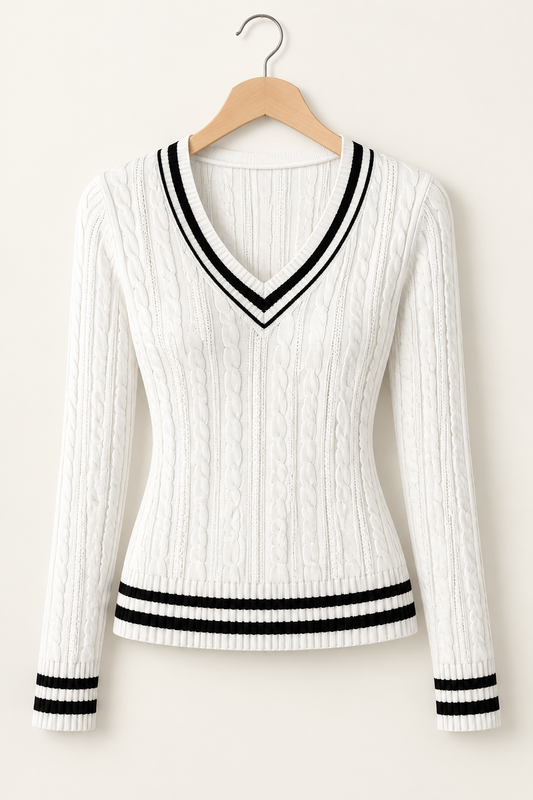 Refined Contrast-Trim Cable-Knit Sweater