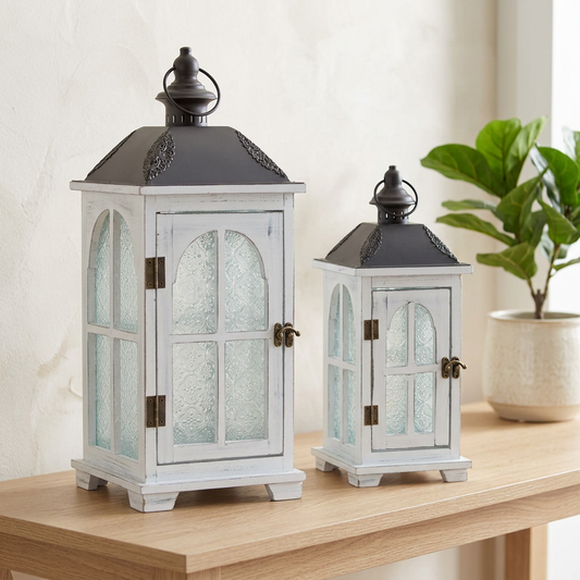 White Wood Lantern with Ornate Frosted Glass (Set of 2)