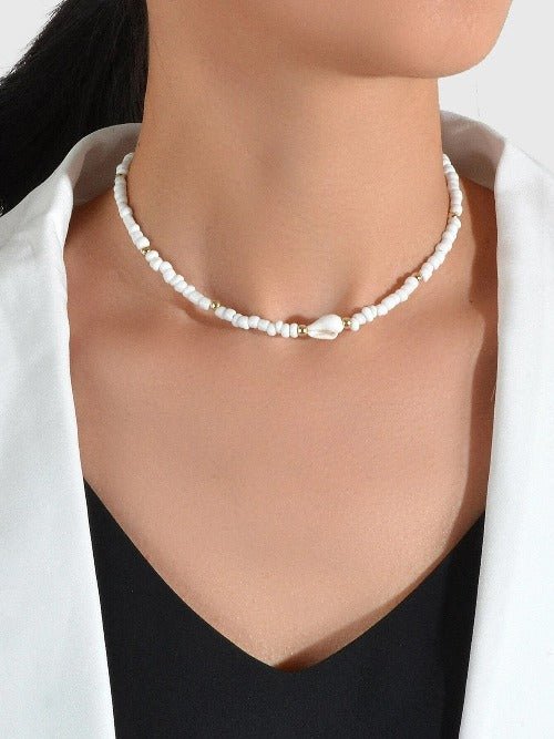 White Beaded Choker Necklace-0