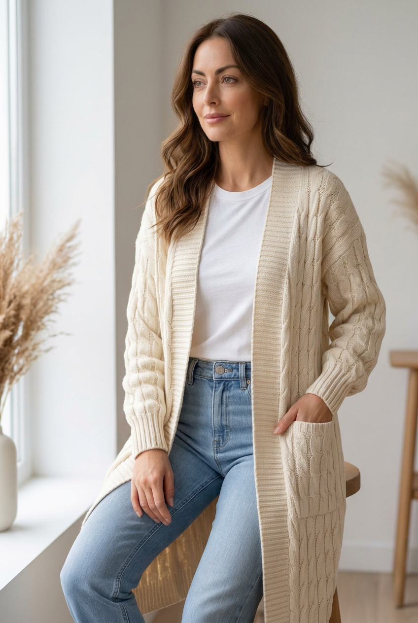 Elacyline Cable-Knit Longline Open-Front Cardigan
