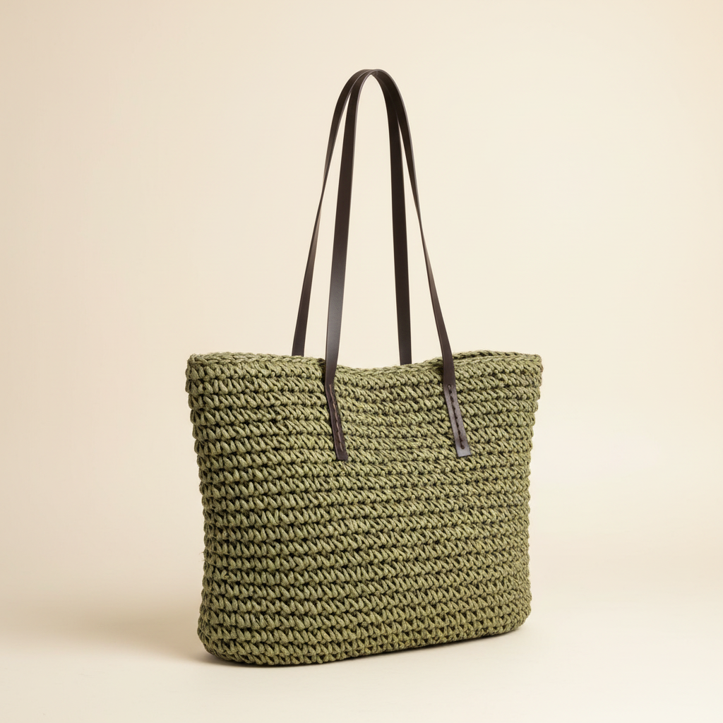 Woven straw bag with exactly two straps on a blank background