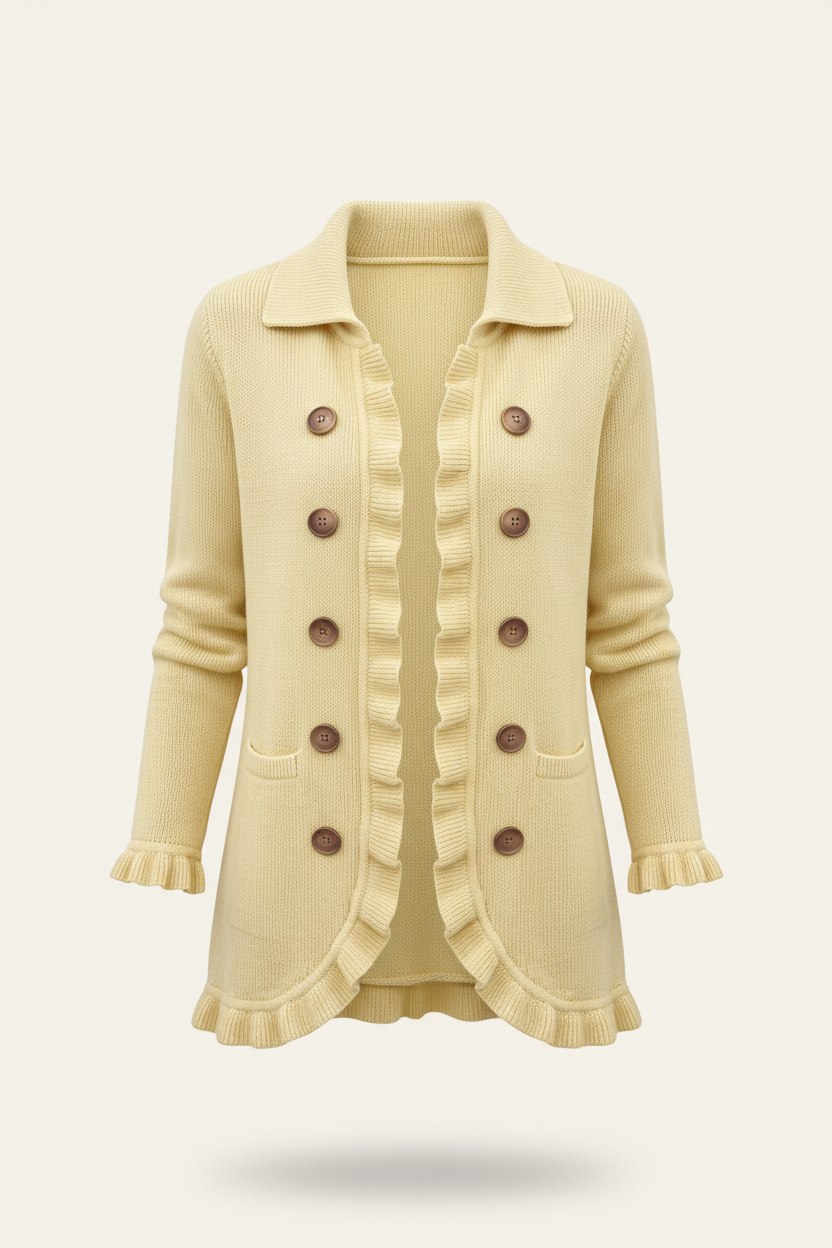 Yellow ruffled cardigan on a plain warm-white background
