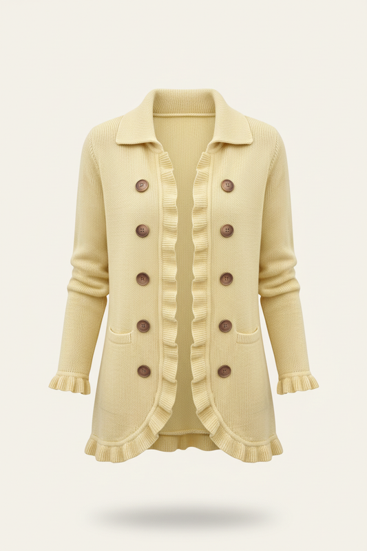Yellow ruffled cardigan on a plain warm-white background